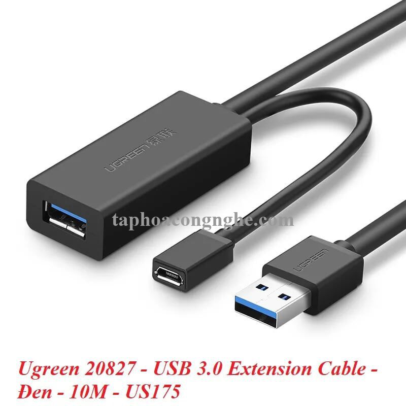 Ugreen 20827 10M màu Đen Cáp tín hiệu nối dài USB 3.0 hỗ trợ nguồn MICRO USB US175 30020827